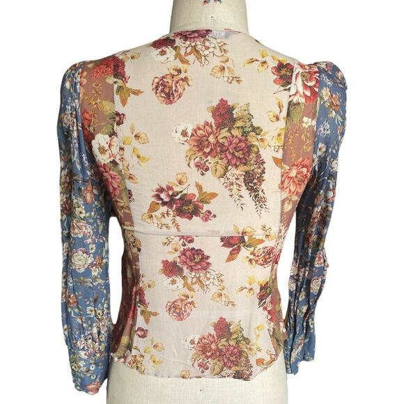 Zara Multicolor Floral Puff Sleeve Button Down V-neck Blouse Size XS X-Small - Picture 3 of 5